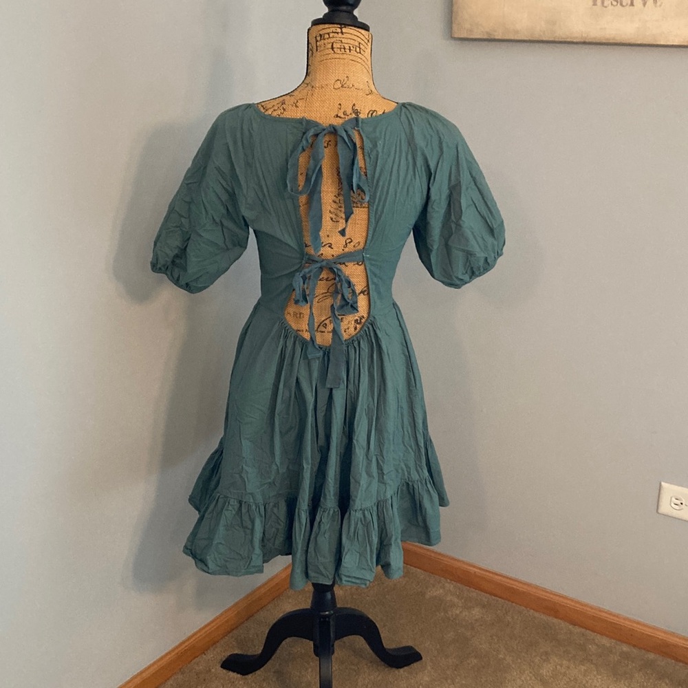 Peter Som Dark Green-Blue Mini Dress Puff Sleeves Women Size 6 - Picture 5 of 15